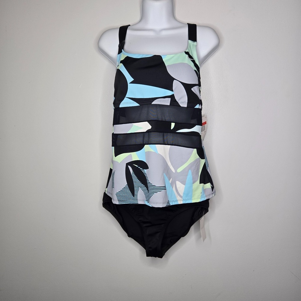 Nike Tankini Swimsuit Womens L Black Jungle Floral V-Back Mesh Insert Beach NWT